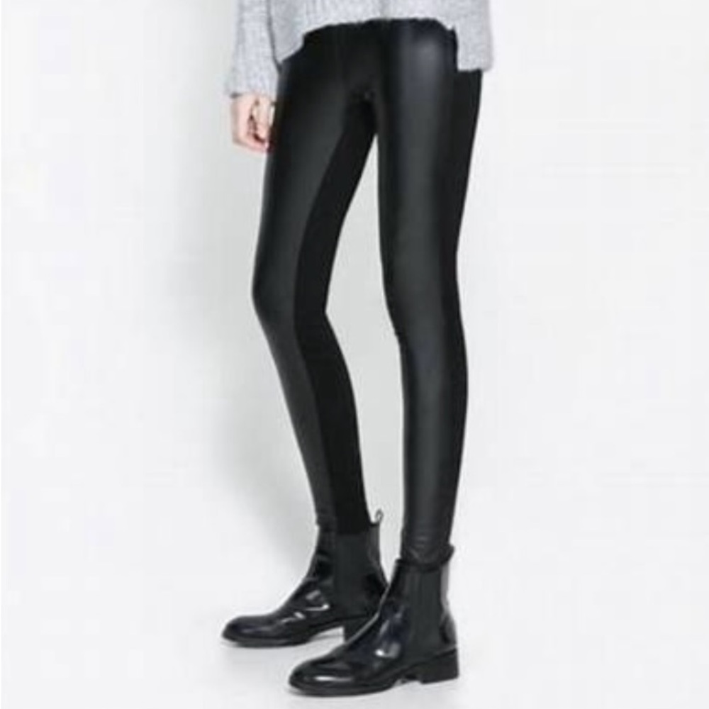 NWT Zara Tarafaluc Black High Rise Zip Ankle Faux Leather Leggings Size L
